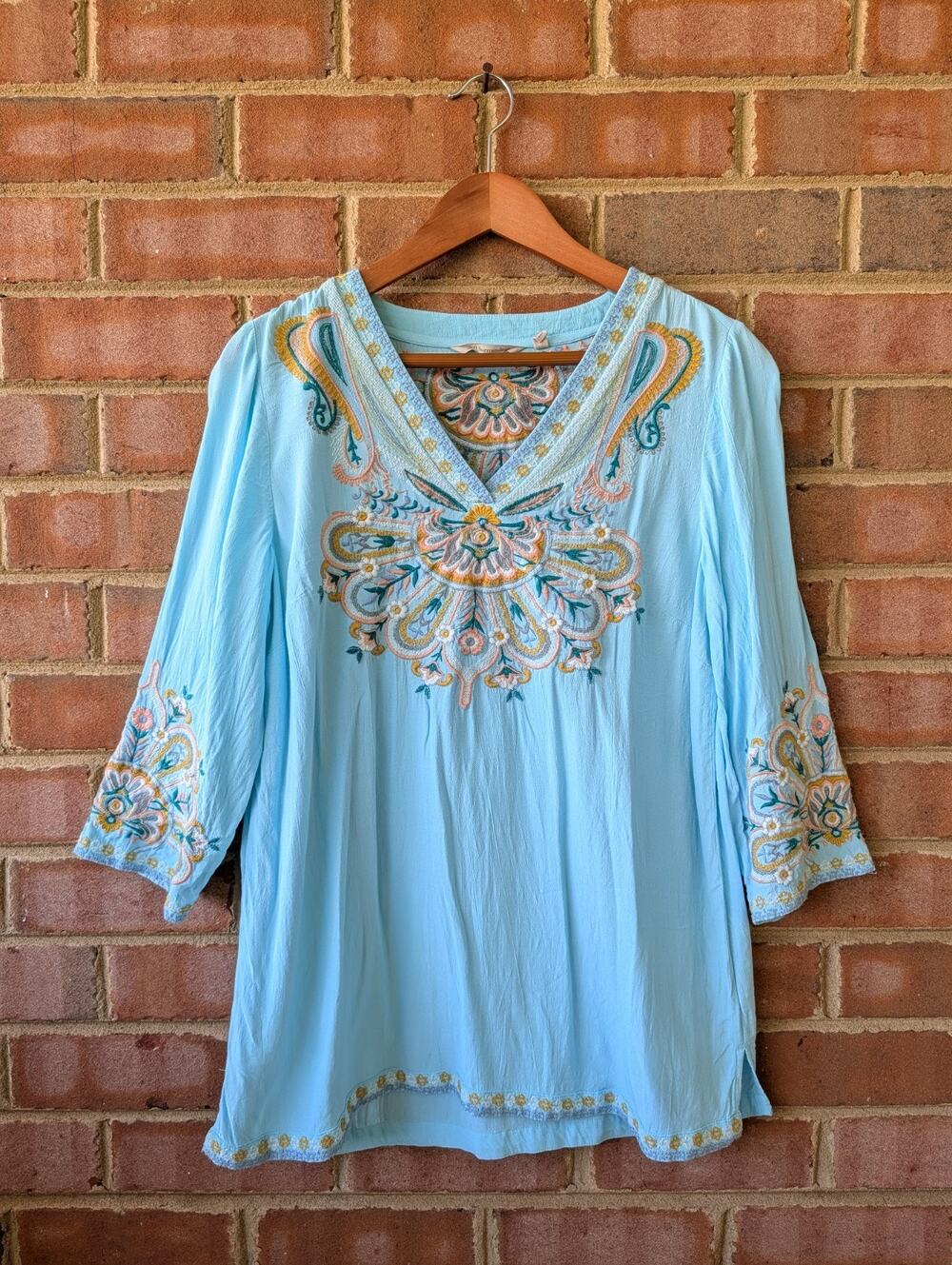 Soft Surroundings Aquamarine Blue River Island Tunic Embroidered Size Medium